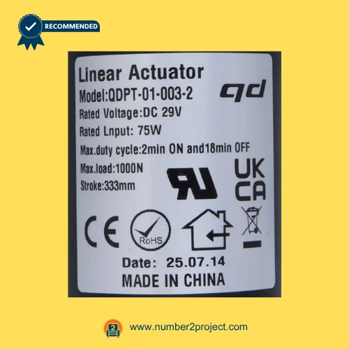 QDPT-01-003-2 linear actuator label showing 333mm stroke 1000N load 29V DC 75W specifications recliner motor sticker close up Number2project