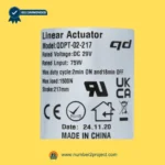 QDPT-02-217 linear actuator label specifications DC29V 75W 1500N 217mm stroke recliner lift chair motor close up Number2project