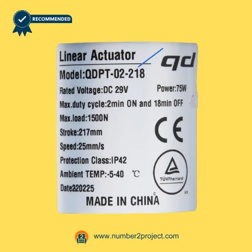 QDPT-02-218 linear actuator label specifications DC29V 75W 1500N 217mm stroke 25mm/s recliner lift chair motor close up Number2project