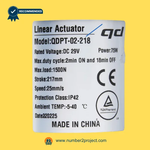 QDPT-02-218 linear actuator label showing 217mm stroke 1500N load 29V DC 75W specifications recliner motor sticker close up Number2project
