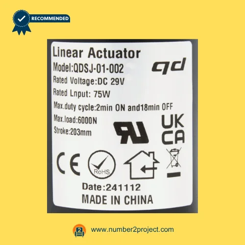 QDSJ-01-002 linear actuator label specifications DC29V 75W 6000N 203mm stroke recliner lift chair motor close up Number2project