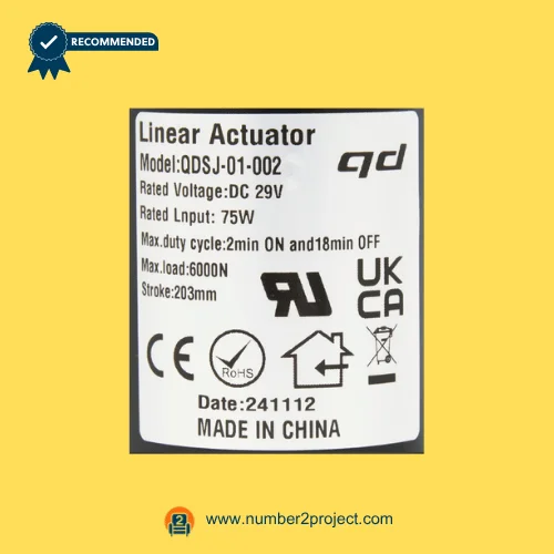 QDSJ-01-002 linear actuator label showing 203mm stroke 6000N load 29V DC specifications recliner motor sticker close up Number2project