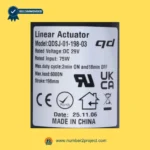 QDSJ-01-198-03 linear actuator label showing 198mm stroke 6000N load 29V DC specifications recliner motor sticker close up Number2project