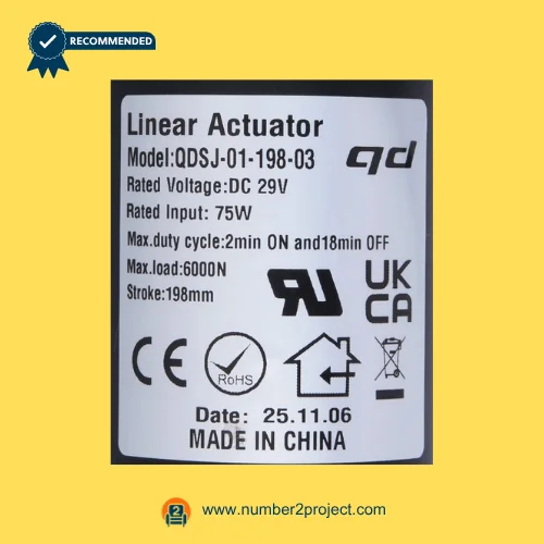 QDSJ-01-198-03 linear actuator label showing 198mm stroke 6000N load 29V DC specifications recliner motor sticker close up Number2project