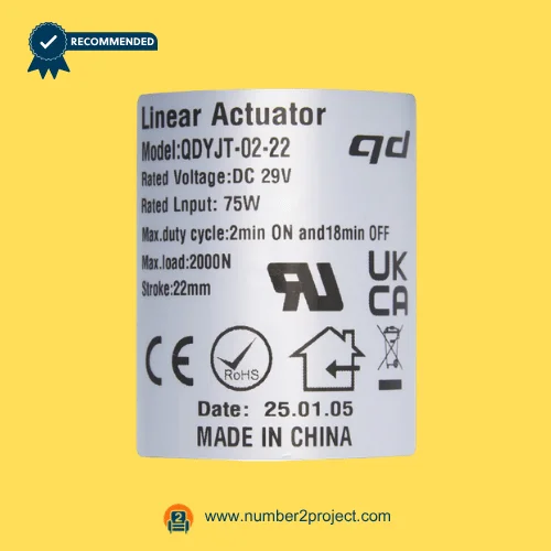 QDYJT-02-22 linear actuator label specifications DC29V 75W 2000N 22mm stroke recliner lift chair motor close up Number2project