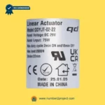 QDYJT-02-22 linear actuator label showing 29V DC 75W 2000N load 22mm stroke specifications recliner motor sticker close up Number2project
