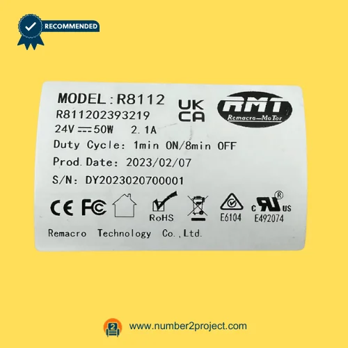 RMT R811202393219 linear actuator label close-up showing Remacro Motor R8112 specifications 24V 50W recliner lift chair actuator Number2project