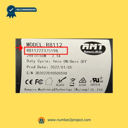 RMT R811222375198 linear actuator specification label model R8112 24V 50W Remacro Motor recliner lift chair actuator identification plate close up Number2project