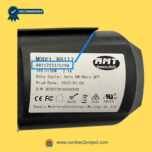 RMT R811222375198 linear actuator specification label model R8112 24V 50W Remacro Motor recliner lift chair actuator identification plate close up Number2project