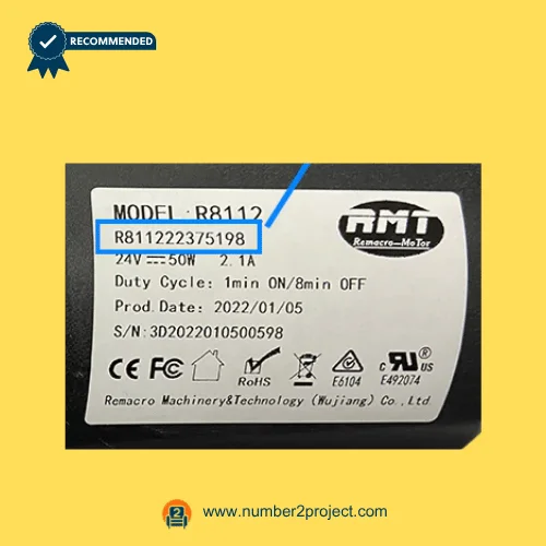RMT R811222375198 linear actuator label showing 24V DC input 50W power 2.1A rating and duty cycle details recliner lift chair motor close up Number2project
