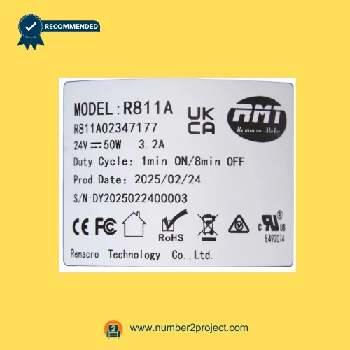 RMT R811A02347177 linear actuator label close-up showing Remacro Motor R811A model specifications 24V 50W recliner lift chair actuator Number2project