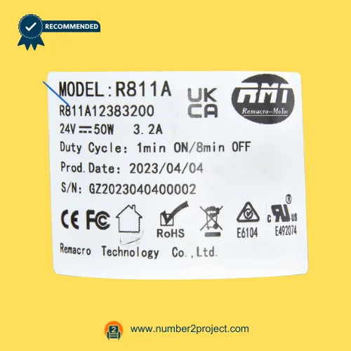 RMT R811A12383200 linear actuator specification label model R811A 24V 50W Remacro Technology recliner lift chair actuator identification plate close up Number2project