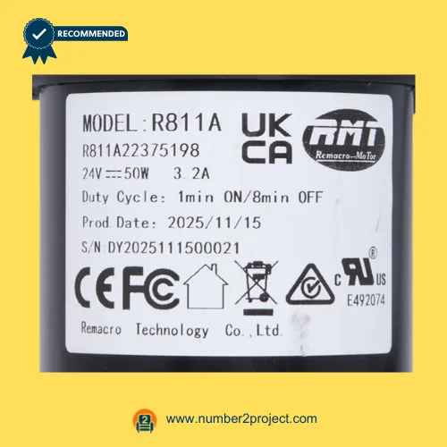 RMT R811A22375198 linear actuator specification label model R811A 24V 50W Remacro Technology recliner lift chair motor identification plate close up Number2project