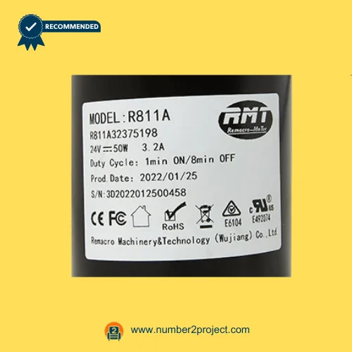 RMT R811A32375198 linear actuator specification label model R811A 24V 50W Remacro Motor recliner lift chair actuator identification plate close up Number2project