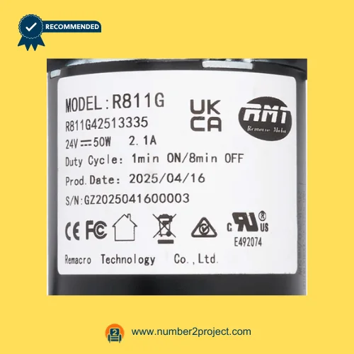 RMT R811G42513335 linear actuator label close-up showing Remacro Motor R811G specifications 24V 50W recliner lift chair actuator Number2project