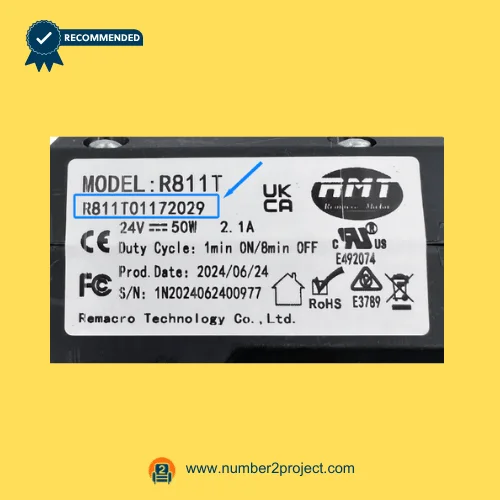 RMT R811T01172029 linear actuator specification label 24V 50W Remacro Technology recliner lift chair motor identification plate close up Number2project
