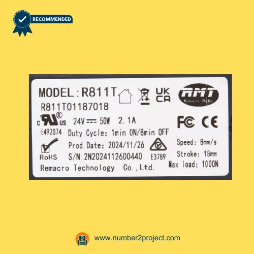 RMT R811T01187018 linear actuator label close-up showing Remacro Motor R811T specifications 24V 50W recliner lift chair actuator Number2project