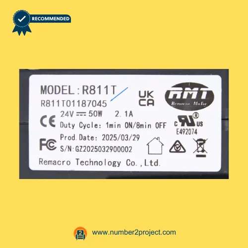 RMT R811T01187045 linear actuator label close-up showing Remacro Motor R811T model specifications 24V 50W recliner lift chair actuator Number2project