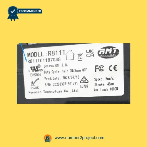 RMT R811T01187048 linear actuator label close-up showing Remacro Motor R811T specifications 24V 50W recliner lift chair actuator Number2project