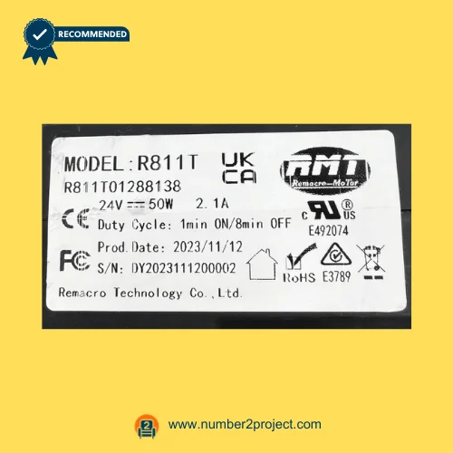 RMT R811T01288138 linear actuator label close-up showing Remacro Motor model R811T specifications 24V 50W recliner lift chair actuator Number2project