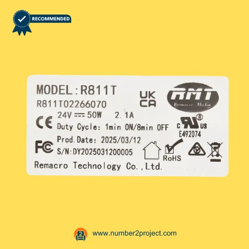 RMT R811T02266070 linear actuator label close-up showing Remacro Motor R811T specifications 24V 50W recliner lift chair actuator Number2project