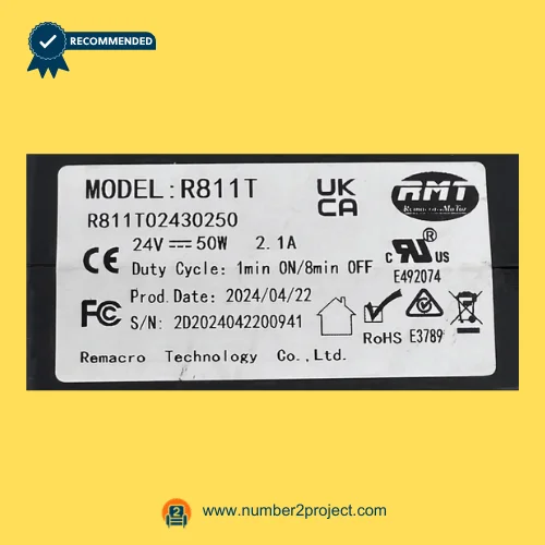RMT R811T02430250 linear actuator specification label 24V 50W Remacro Technology recliner lift chair motor identification plate close up Number2project