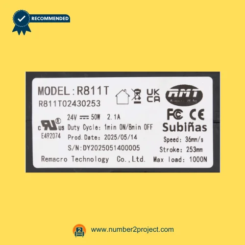 RMT R811T02430253 linear actuator label close-up showing Remacro Motor R811T specifications 24V 50W recliner lift chair actuator Number2project
