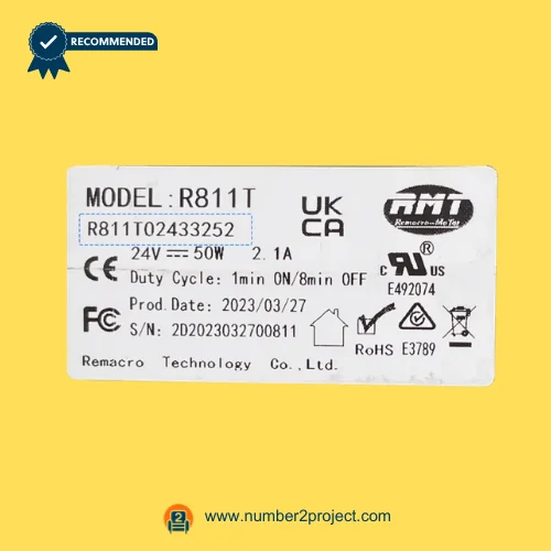 RMT R811T02433252 linear actuator specification label 24V 50W Remacro Technology recliner lift chair motor identification plate close up Number2project