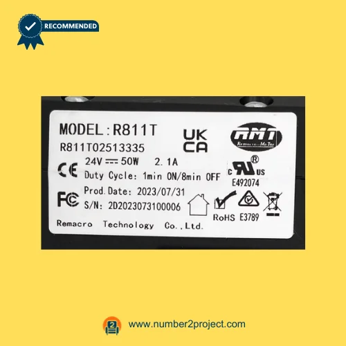 RMT R811T02513335 linear actuator label close-up showing Remacro Motor R811T model specifications 24V 50W recliner lift chair actuator Number2project