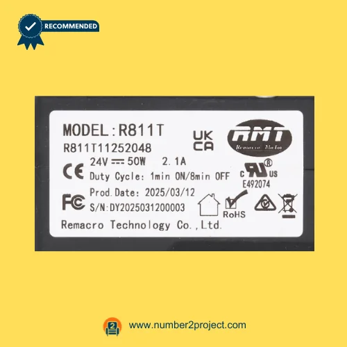 RMT R811T11252048 linear actuator label close-up showing Remacro Motor R811T specifications 24V 50W recliner lift chair actuator Number2project