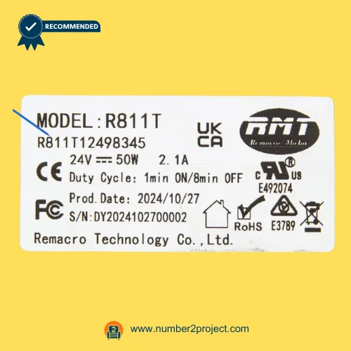 RMT R811T12498345 linear actuator label close-up showing Remacro Motor R811T specifications 24V 50W recliner lift chair actuator Number2project
