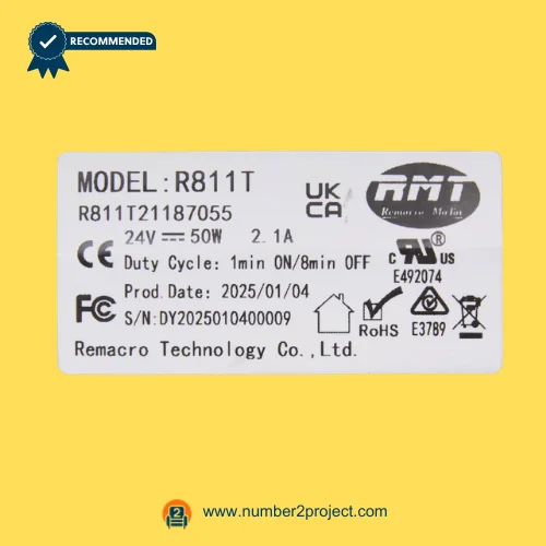 RMT R811T21187055 linear actuator specification label 24V 50W Remacro Technology recliner lift chair motor identification plate close up Number2project