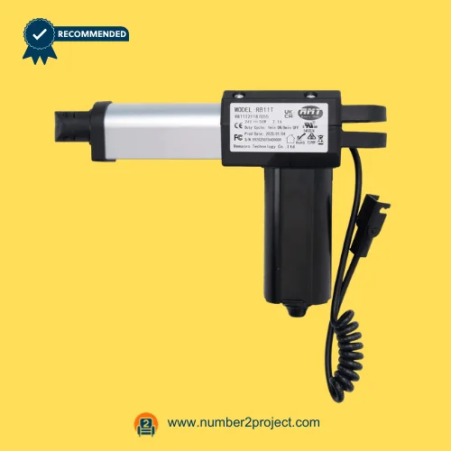 RMT R811T21187055 Linear Actuator for ReclinerLift Chair – Motor Housing and Drive Tube View RMT R811T21187055 linear actuator motor for power recliner and lift chair with aluminum extension tube and coiled connector cable motion furniture actuator Number2project