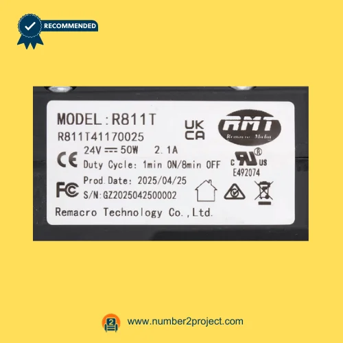 RMT R811T41170025 linear actuator label close-up showing Remacro Motor R811T specifications 24V 50W recliner lift chair actuator Number2project