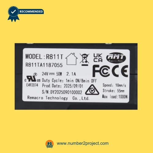 RMT R811TA1187055 linear actuator label close-up showing Remacro Motor R811T specifications 24V 50W recliner lift chair actuator Number2project