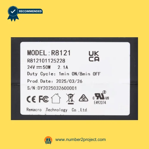 RMT R812101125228 linear actuator label close-up showing Remacro Motor R8121 specifications 24V 50W recliner lift chair actuator Number2project