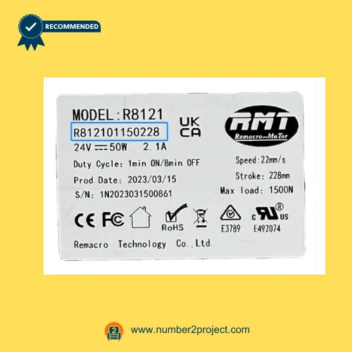 RMT R812101150228 linear actuator specification label model R8121 24V 50W Remacro Motor recliner lift chair actuator identification plate close up Number2project