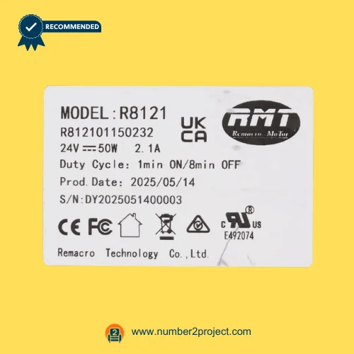 RMT R812101150232 linear actuator label close-up showing Remacro Motor R8121 specifications 24V 50W recliner lift chair actuator Number2project