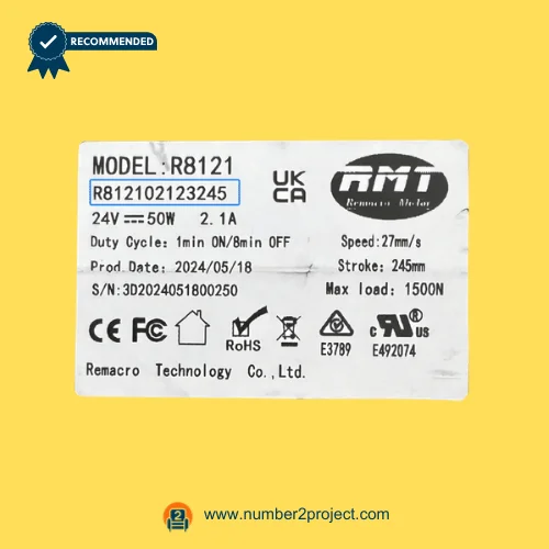 RMT R812102123245 linear actuator specification label model R8121 24V 50W Remacro Technology recliner lift chair actuator identification plate close up Number2project