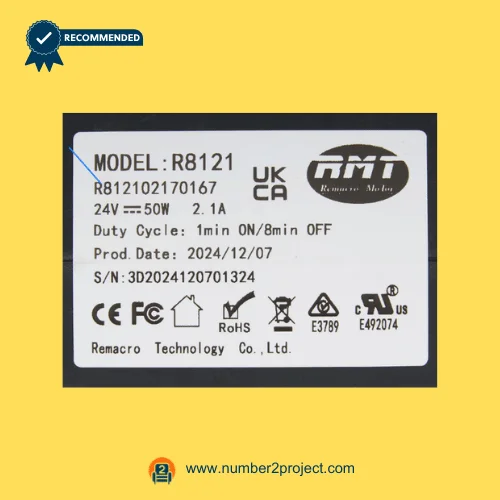 RMT R812102170167 linear actuator label close-up showing Remacro Motor R8121 specifications 24V 50W recliner lift chair actuator Number2project