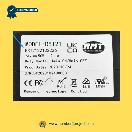 RMT R812122132226 linear actuator specification label model R8121 24V 50W Remacro Technology recliner lift chair motor identification plate close up Number2project