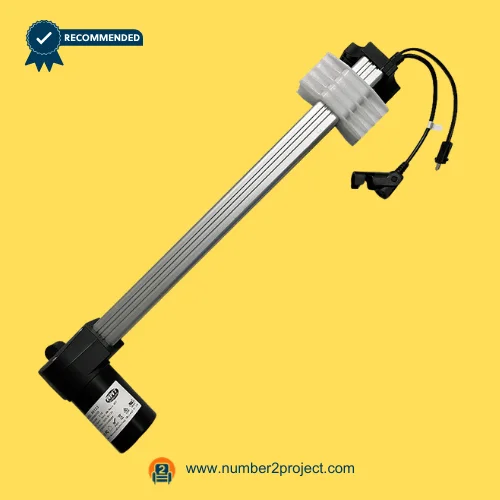 RMT R8123 Linear Actuator Remacro Motor for ReclinerLift Chair – Angled Assembly View RMT R8123 linear actuator Remacro motor for power recliner and lift chair with aluminum extension tube stabilizing guide block and connector cable motion furniture actuator Number2project