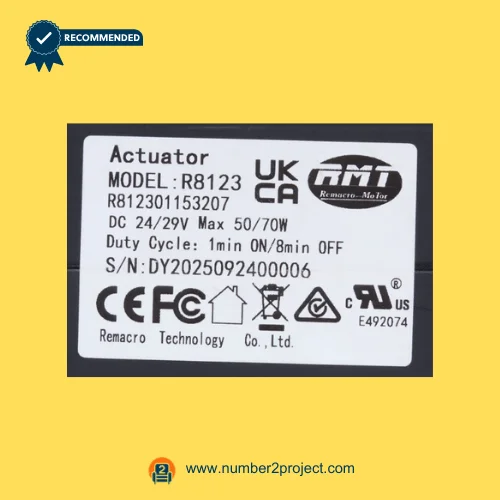 RMT R812301153207 linear actuator label close-up showing Remacro Motor R8123 specifications 24V 29V recliner lift chair actuator Number2project