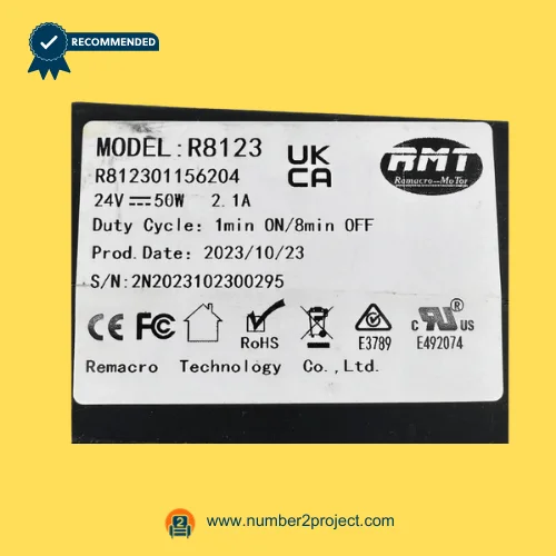 RMT R812301156204 linear actuator label close-up showing Remacro Motor R8123 specifications 24V 50W recliner lift chair actuator Number2project
