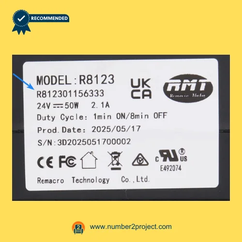 RMT R812301156333 linear actuator specification label model R8123 24V 50W Remacro Technology recliner lift chair actuator identification plate close up Number2project