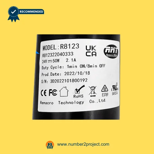 RMT R812322040333 linear actuator specification label model R8123 24V 50W Remacro Technology recliner lift chair actuator identification plate close up Number2project