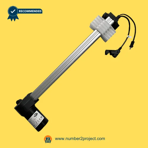 RMT R812322040333 Linear Actuator for ReclinerLift Chair – Angled Assembly View RMT R812322040333 linear actuator motor for power recliner and lift chair with aluminum extension tube stabilizing guide block and connector cable motion furniture actuator Number2project