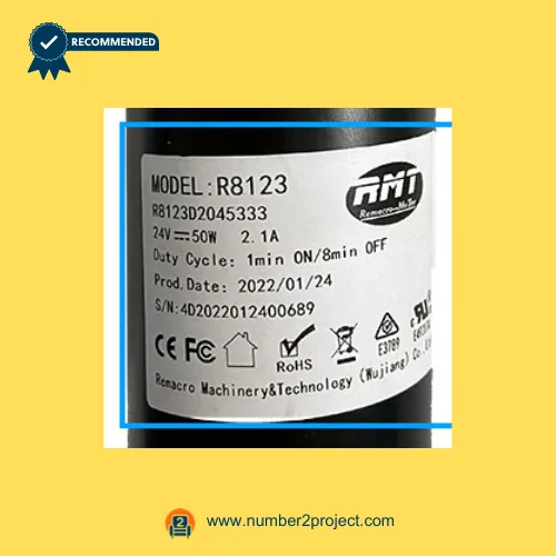 RMT R8123D2045333 linear actuator specification label model R8123 24V 50W Remacro Motor recliner lift chair actuator identification plate close up Number2project