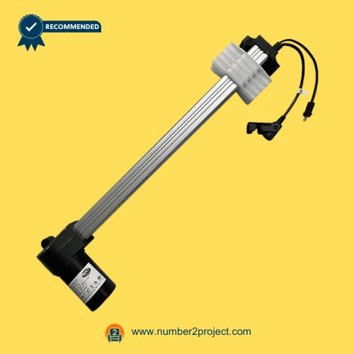 RMT R8123D2045333 Linear Actuator for ReclinerLift Chair – Full Assembly Angled View RMT R8123D2045333 linear actuator motor for power recliner and lift chair with aluminum extension tube stabilizing guide block and connector cable motion furniture actuator Number2project
