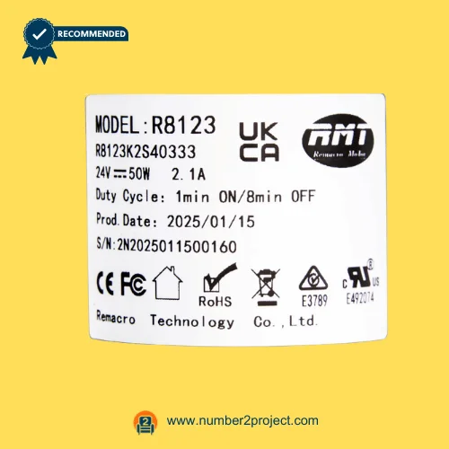 RMT R8123K2S40333 linear actuator specification label model R8123 24V 50W Remacro Technology recliner lift chair motor identification plate close up Number2project